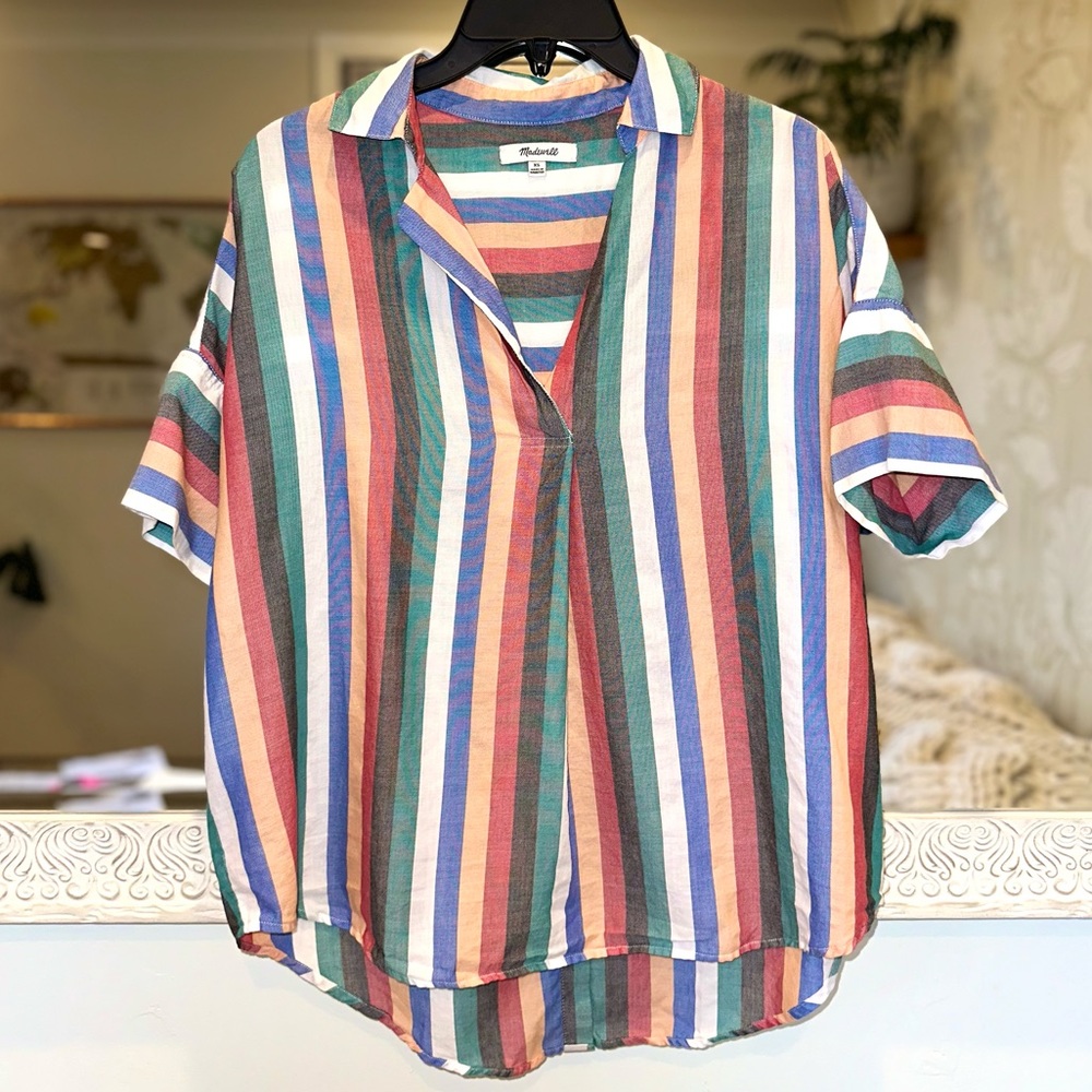 Madewell Striped 100% Cotton Short Sleeve Collared Relaxed Top XS